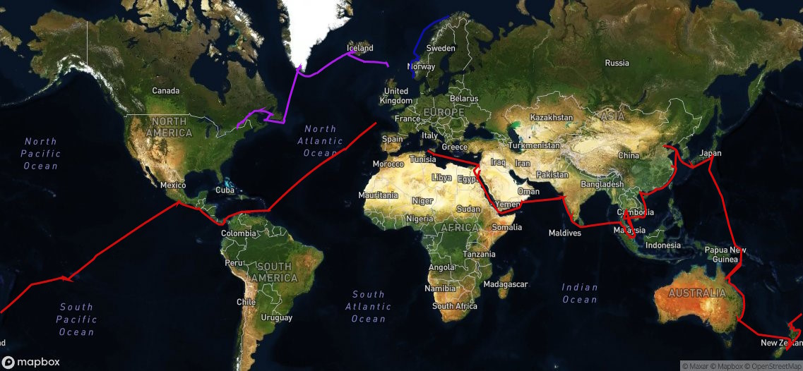 Map of the World, covering areas we have visited other than Europe.